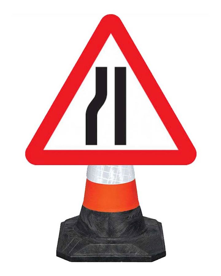 Road Narrows Nearside - Left Cone Mounted Sign