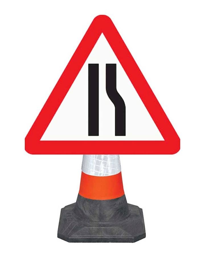 Road Narrows Offside - Right Cone Mounted Sign