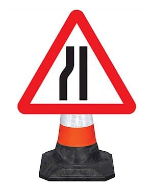 Road Narrows Nearside - Left Cone Mounted Sign