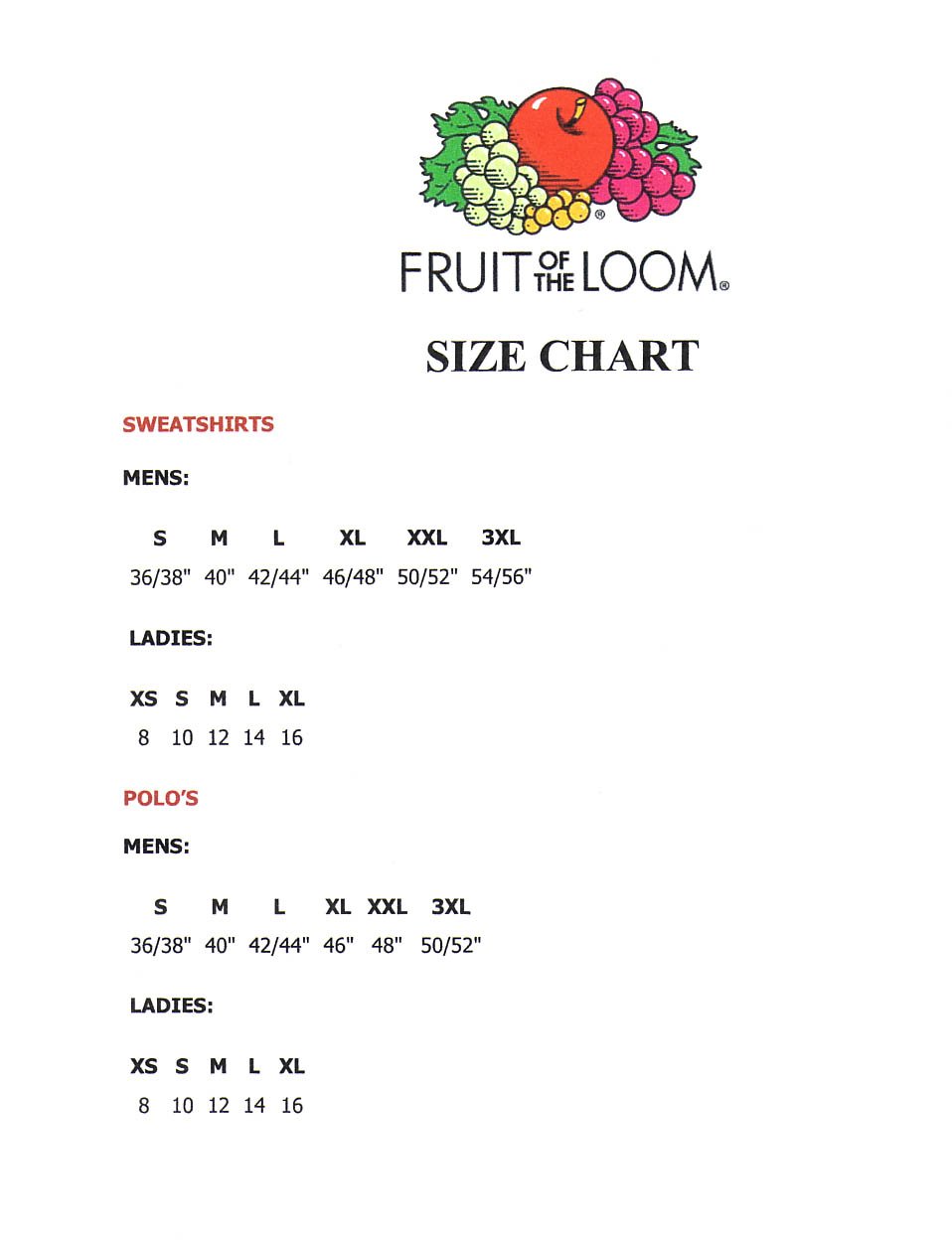 Fruit Loom Size Chart